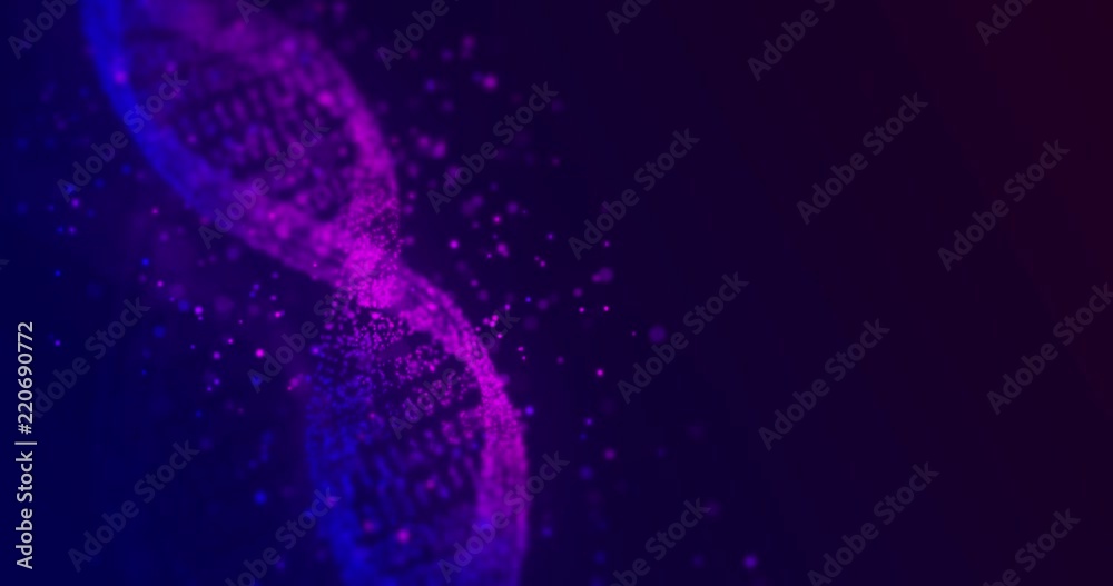 Abstract glittering DNA double helix with depth of field rotating. Mysterious source science animation. Genom futuristic footage. Conceptual design of genetics information. 4k UHD.