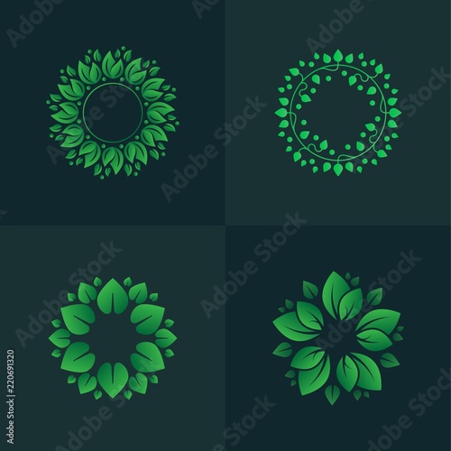Set of gradient leaves circles. Circular floral ornaments for logo