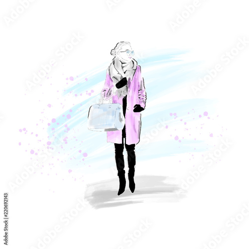 Stylish Girl in winter coat, scarf and with bag. The girl is a hipster. Painted by hand. Vector. EPS 10