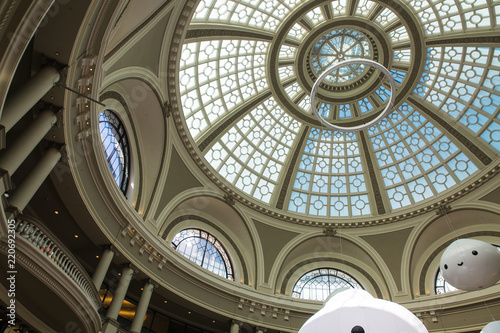 Historic steel and glass arched dome and skylight in a San Francisco shopping mall