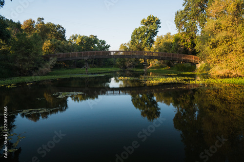 Long footbridge over marina in Clearlake in California photo