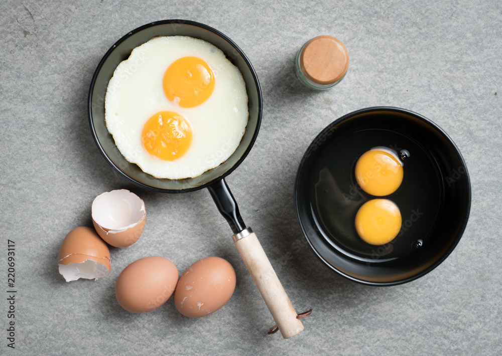 Fried eggs in a frying pan,top view Fried eggs in a frying pan,top view