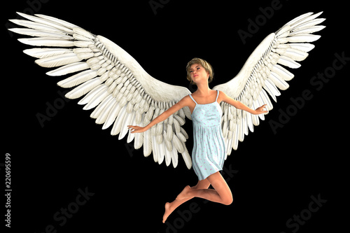Angel girl isolated on black background. 3D rendering.