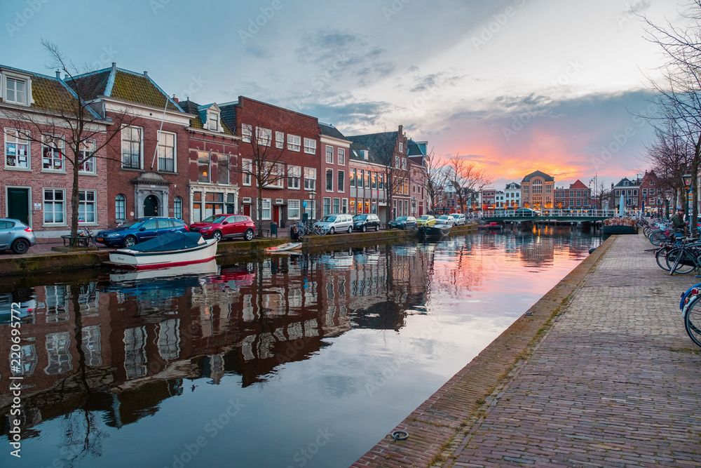 LEIDEN, NETHERLANDS - OCTOBER 23: Waterways and typical Dutch architecture on October 23, 2013 in Leiden