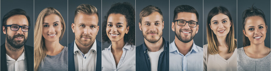 Collage of portraits ethnically diverse business people.