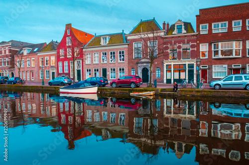 LEIDEN, NETHERLANDS - OCTOBER 23: Waterways and typical Dutch architecture on October 23, 2013 in Leiden photo