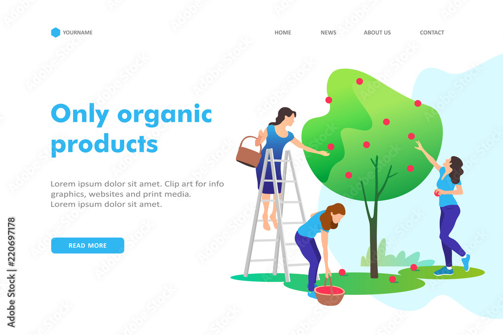 Young women picking apples on a farm in autumn. Concept of healthy nutrition. Landing page template.