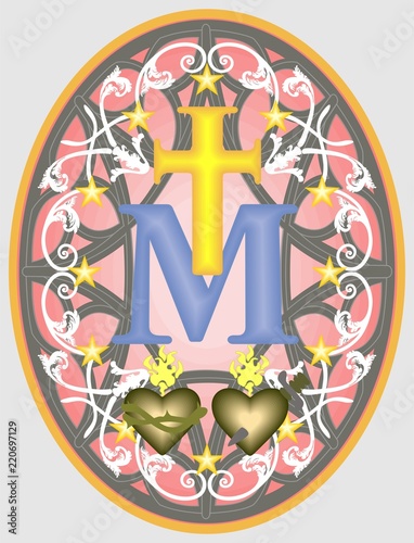 Miraculous medal of Our Lady, monogram M below the Cross, surrounded by stars and ornaments