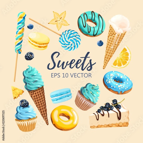 Set of delicious fruit sweets and desserts