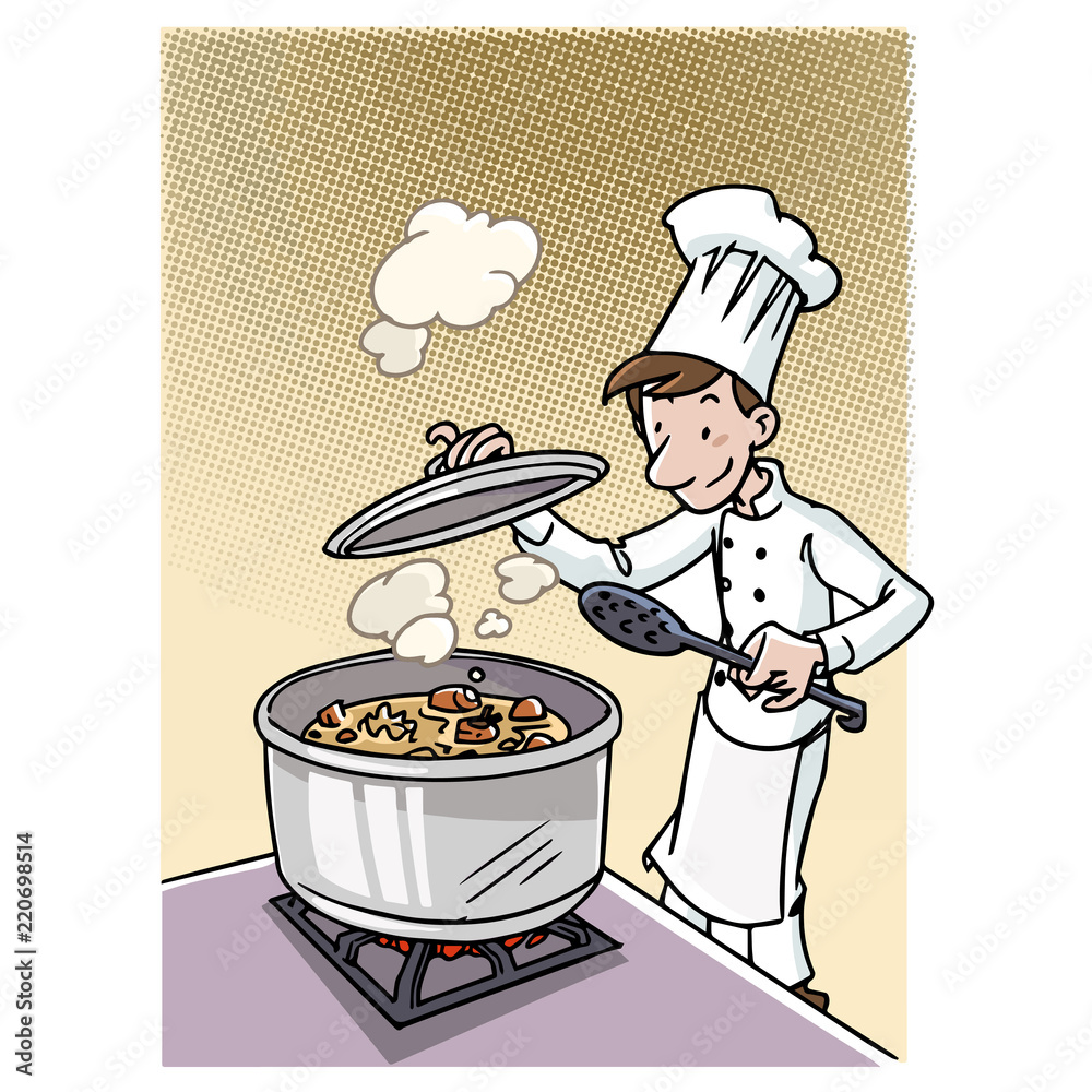 Cocinero haciendo un guiso en una olla Stock Illustration | Adobe Stock