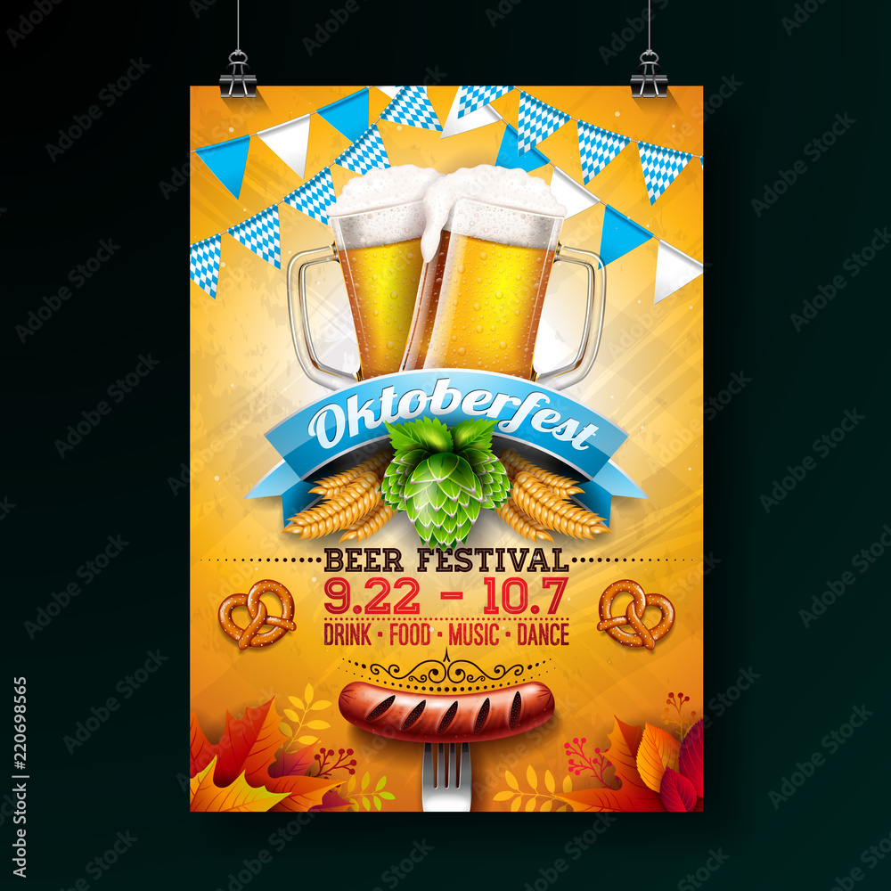 Oktoberfest party poster illustration with fresh lager beer, pretzel ...