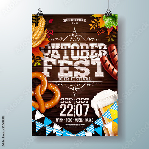 Oktoberfest party poster vector illustration with typography letter, fresh beer, pretzel, sausage and falling autumn leaves on wood texture background. Celebration flyer template for traditional