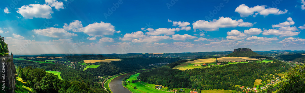 Fototapeta premium Panorama of Sächsische Schweiz National Park of Germany, beautiful district full of nature bordering Czech Republic.