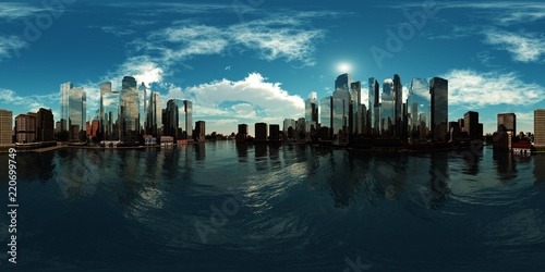 A modern city above the water. Environment map. HDRI . equidistant projection. Spherical panorama. landscape. 3d rendering
