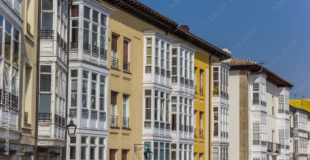 Panorama of traditional bay windows in Basque capital Vitoria-Gasteiz, Spain