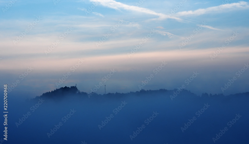 Evening mist and clouds