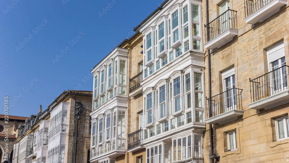 Panorama of traditional Basque bay windows in Vitoria-Gasteiz, Spain