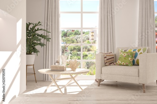 Fototapeta Naklejka Na Ścianę i Meble -  Idea of white room with armchair and summer landscape in window. Scandinavian interior design. 3D illustration