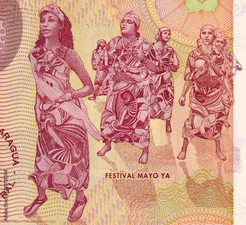 Palo de Mayo (Maypole) dancers on Mayo Ya Festival on Nicaragua 20 cordobas (2015) banknote closeup, Nicaraguan money close up. photo