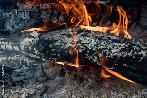 Fire and smoke. Glowing, burning wood in a fire, bonfires. Colorful flame and gray ash, charred with bark.