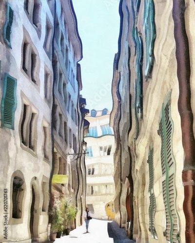 Hand drawing watercolor art on canvas. Artistic big print. Original modern painting. Acrylic dry brush background. Painting for sale. Beautiful cityscape. Small european street. Historical part. 