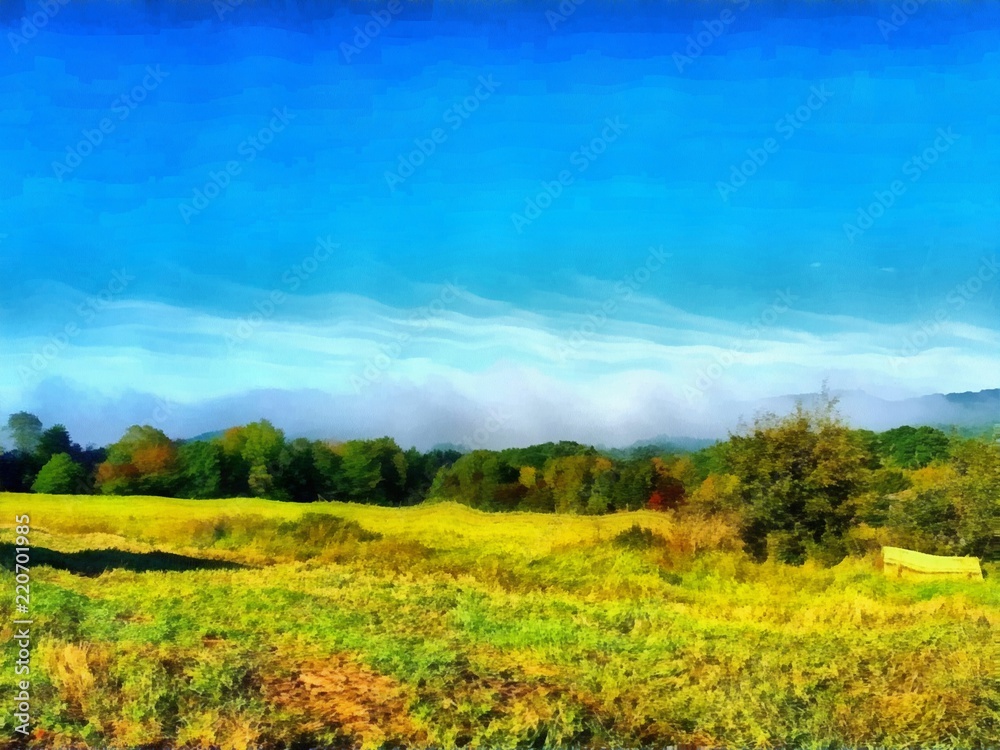 Hand drawing watercolor art on canvas. Artistic big print. Original modern painting. Acrylic dry brush background.    Painting for sale. Beautiful autumn landscape. Yellow green field . Blue sky.