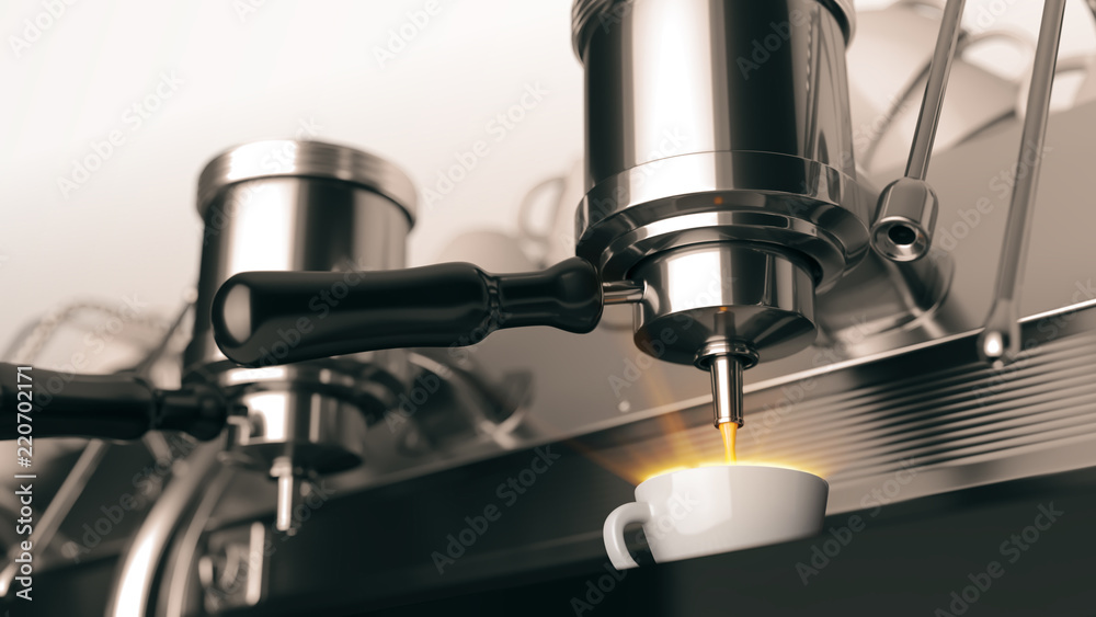 Close-up of coffee machine. Professional coffee brewing. 3d rendering Close-up of coffee machine. Professional coffee brewing. 3d rendering