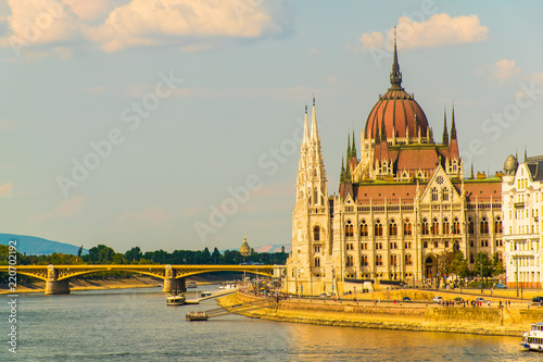 Colorful view of Parliament and Chain Bridge in Budapest city, Splendid spring cityscape of Budapest, Hungary in Europe