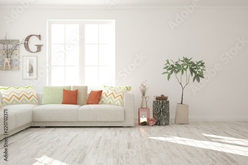 Idea of white minimalist room with sofa. Scandinavian interior design. 3D illustration © AntonSh