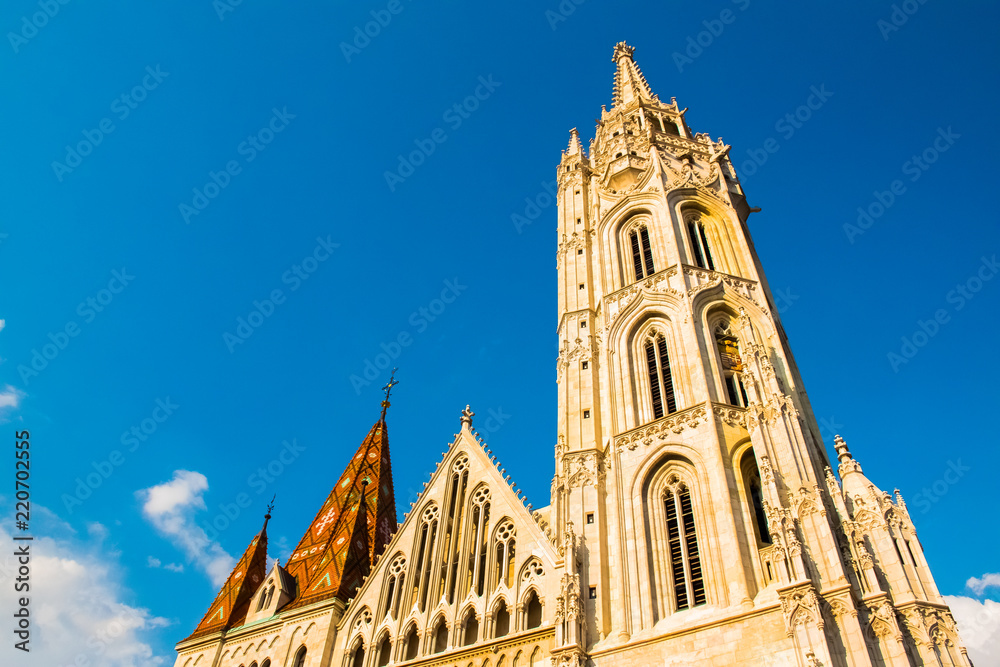 King St Stephen equestrian Statue by sculptor Alajas Strobl and Matthias church at Fisherman Bastion, Castle Hill, Buda, Budapest in Hungary