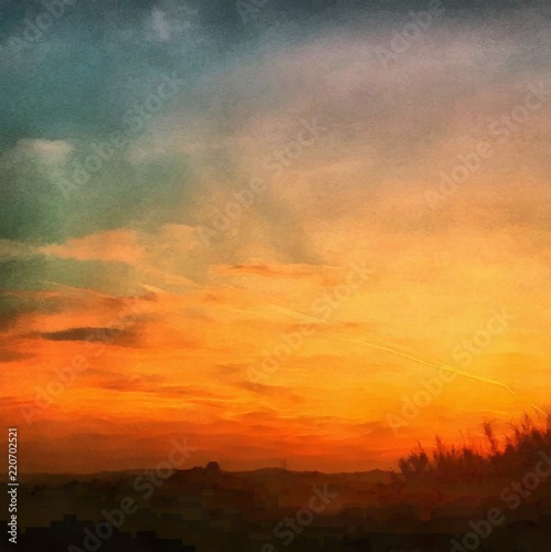 Hand drawing watercolor art on canvas. Artistic big print. Original modern painting. Acrylic dry brush background. Painting for sale. Beautiful autumn landscape. Charming red sunset. Bright orange sky