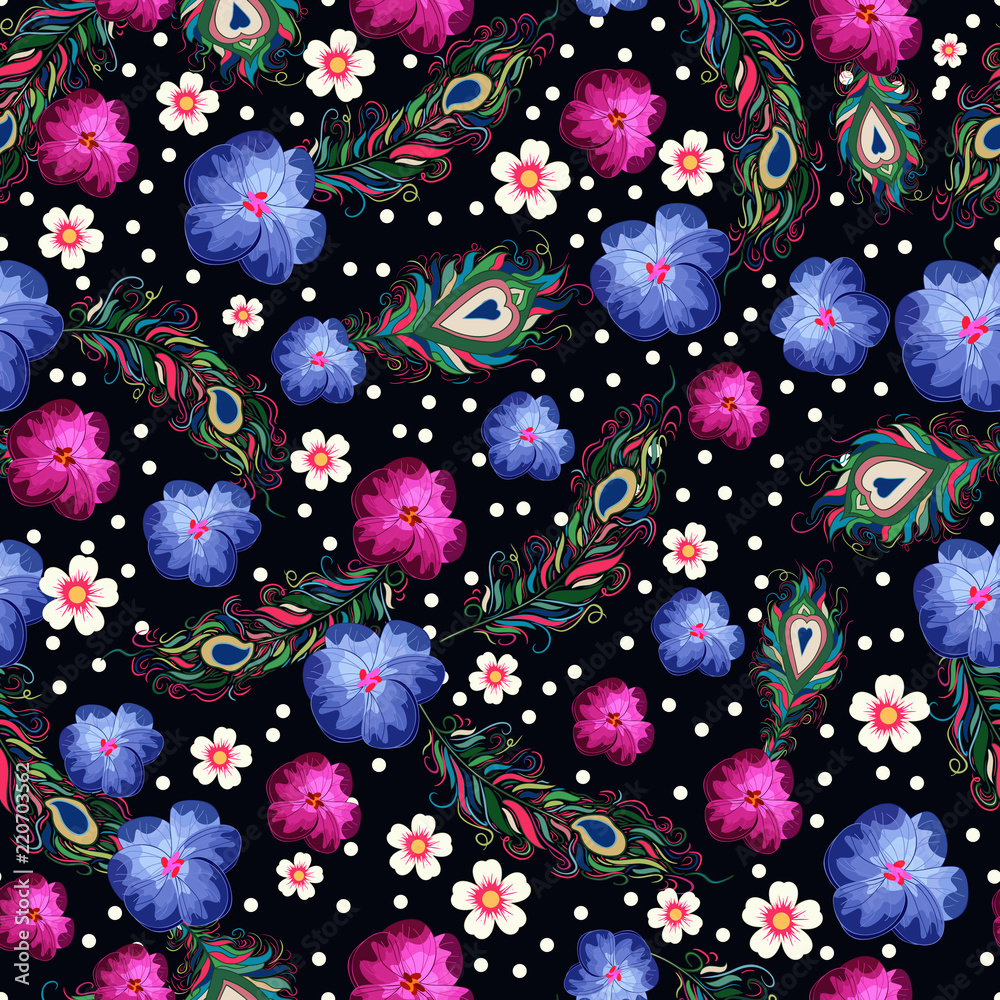 Fototapeta premium Seamless texture. Multicolored pattern of feathers and flowers. Design for cover, wrapper or fabric.