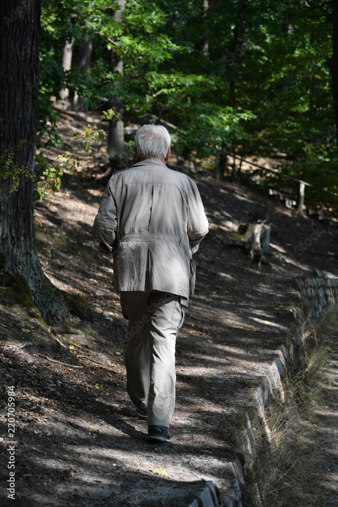 A sportive older man walks in a park on a warm and sunny day.
