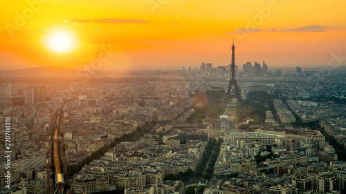 The eiffel tower in Paris aerial panorama at sunset