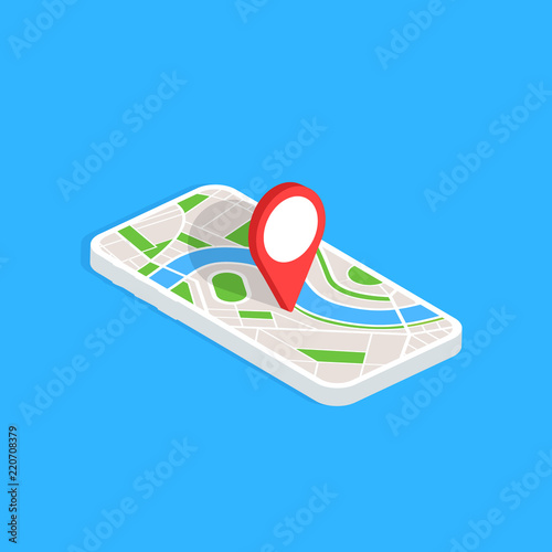 Gps navigation app on mobile phone. Isometric smartphone isolated on blue background. Tracking system. Vector illustration.
