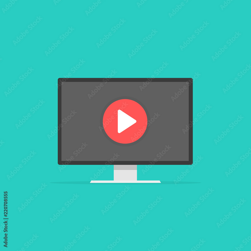Computer watching video player, concept of webinar, business online training, education on computer, e-learning concept, video tutorial. Vector illustration background. Computer watching video player, concept of webinar, business online training, education on computer, e-learning concept, video tutorial. Vector illustration background.