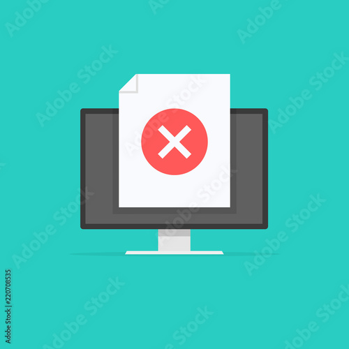 Computer with Cross sign, monitor not approved tick notification. Vector illustration.