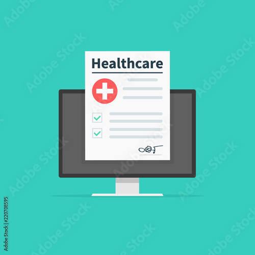 Healthcare and medical exams and online consultation concept. Clinical record, prescription, claim, medical check marks report, health insurance concepts. Premium quality. Vector illustration.