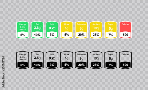Nutrition Facts information label for box. Daily value ingredient calories, cholesterol and fats in grams and percent. Flat design, vector illustration on background.