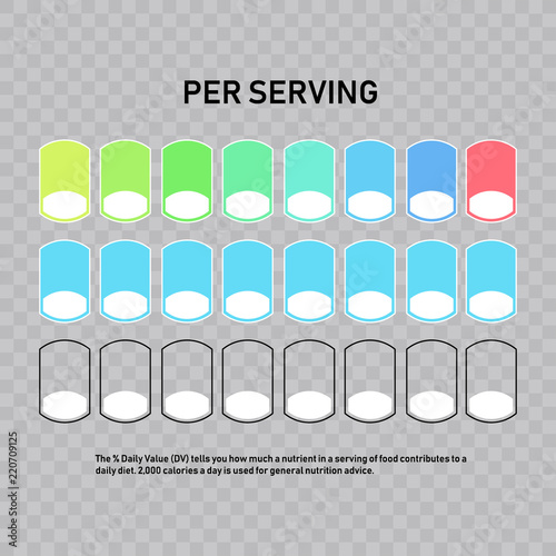 Nutrition Facts information label for box. Daily value ingredient calories, cholesterol and fats in grams and percent. Flat design, vector illustration on background.