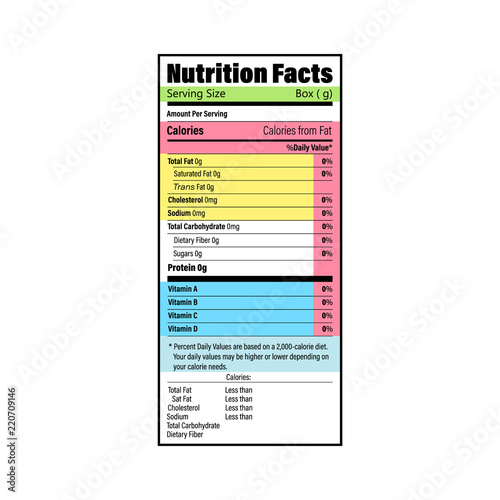 Nutrition Facts information label for box. Daily value ingredient calories, cholesterol and fats in grams and percent. Flat design, vector illustration on background.