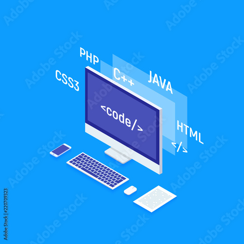 Web Software Development concept, programming and coding. Laptop with big data processing, computing isometric. Isometric vector illustration.