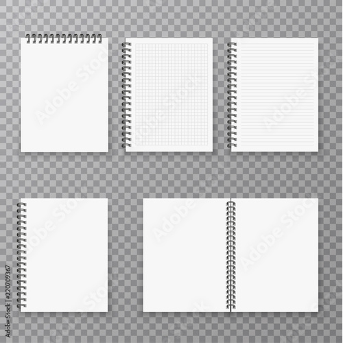 Blank open and closed realistic notebook collection, organizer and diary vector template isolated. Paper page organizer and notebook set illustration. photo