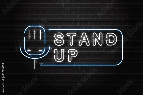 Vector realistic isolated neon sign of stand up logo for decoration and covering on the wall background. Concept of comedy show and perfomance.