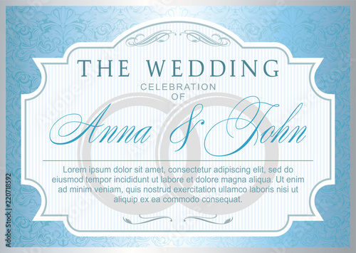wedding invitation template. silver and blue color, elegant, luxurious with baroque ornament (congratulation, postcard, banner, invitation)