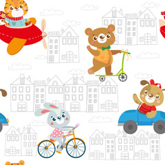 Fototapete Tiermuster mit Fahrzeugen Tiger und Hase im Kinderauto  © leitis