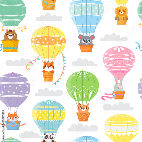 Seamless pattern with colorful hot air balloons and funny animals. Vector illustration.