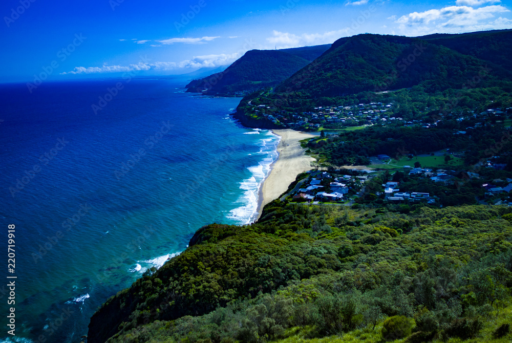 Stanwell Park, NSW, Australia – Drone photos of the park and coast near Coalcliff, New South Wales, Sydney, Australia on a spring day