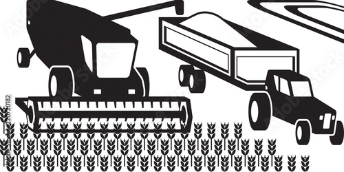 Combine harvester and tractor in the field - vector illustration