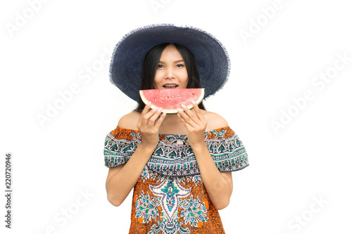 portrait of beautiful asian woman with watermelon isolated on white background. summer and vacations